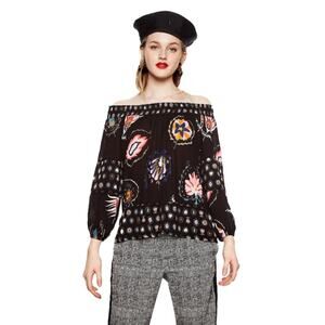 Desigual Black D Minor Floral Peasant Cold Shoulder Top Large